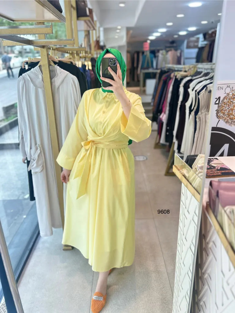 Robe Chemise Popeline Jaune – Coupe Élégante avec Ceinture
