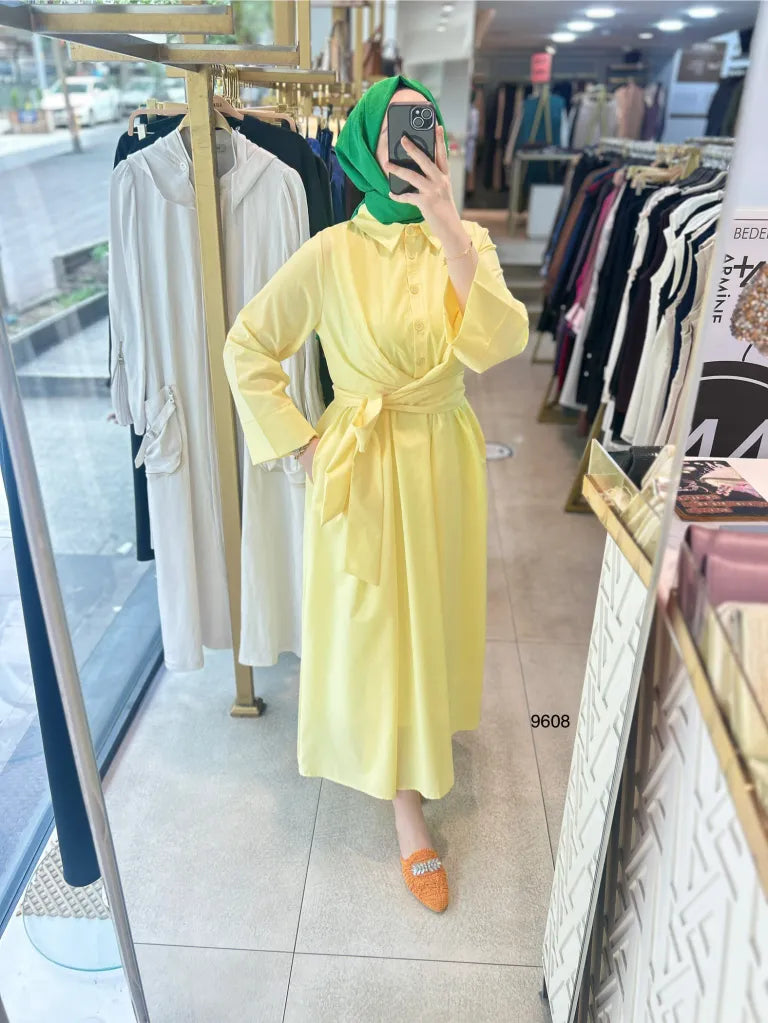 Robe Chemise Popeline Jaune – Coupe Élégante avec Ceinture