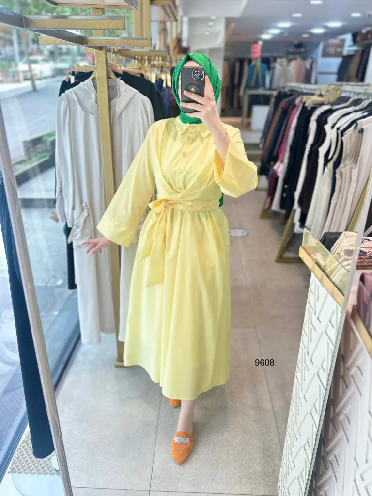 Robe Chemise Popeline Jaune – Coupe Élégante avec Ceinture